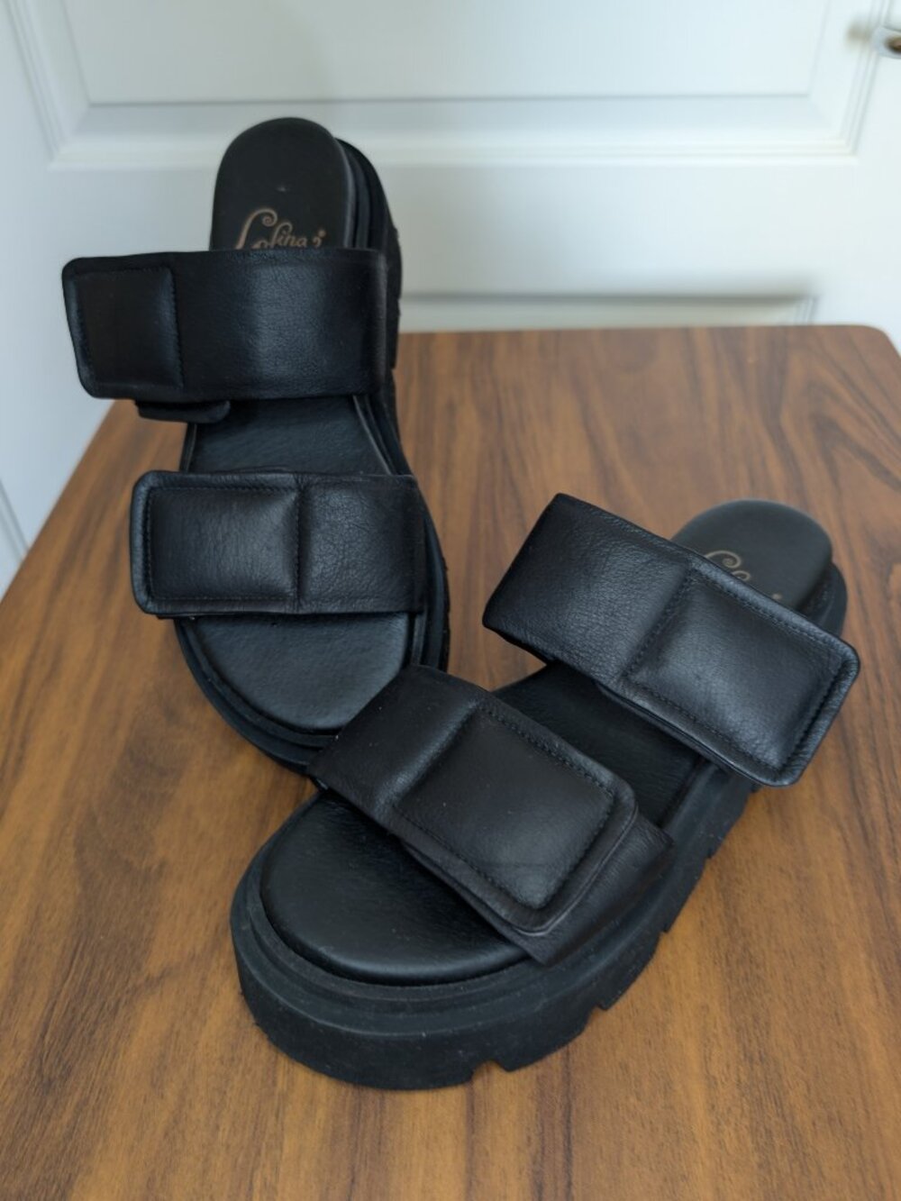 Lofina Black Leather Double Strap Chunky Platform Sandals Size 38.5